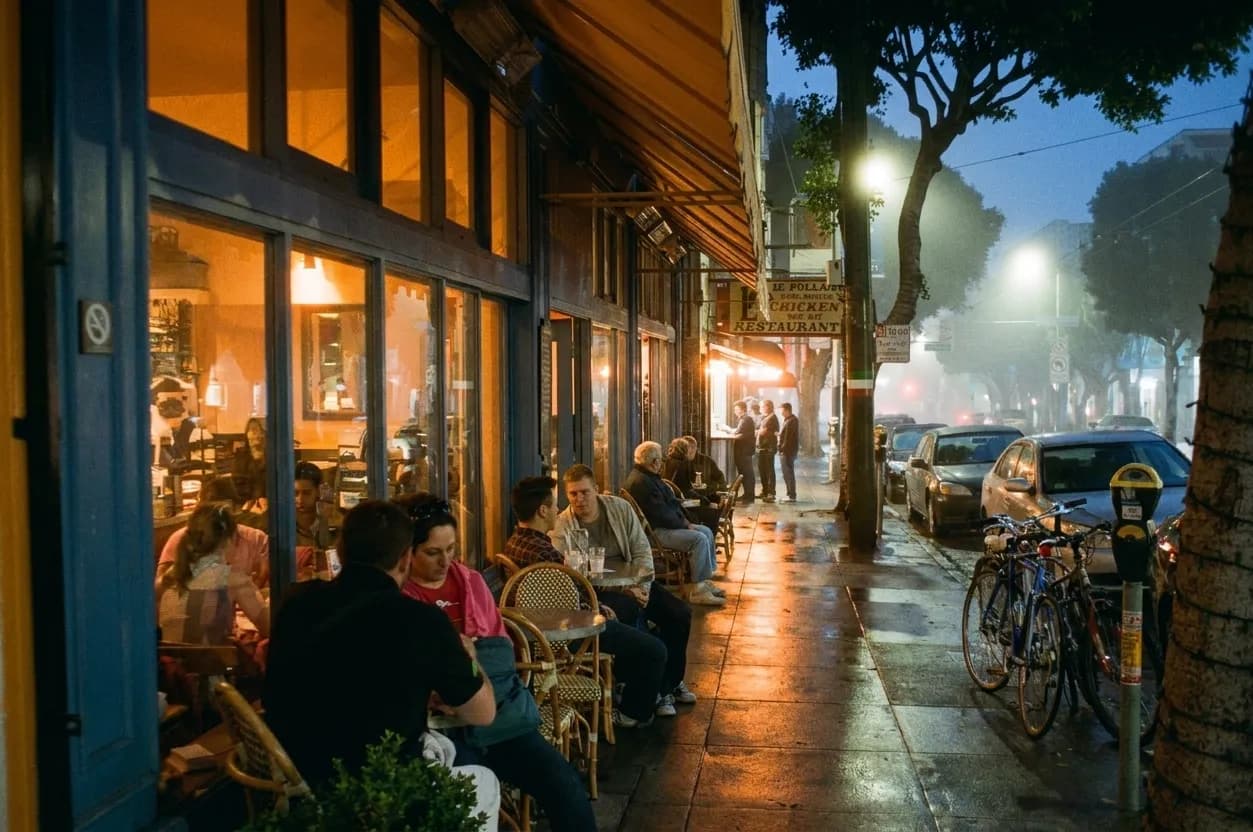 Columbus Avenue in North Beach, San Francisco, on a wet evening with warm light from Italian storefronts