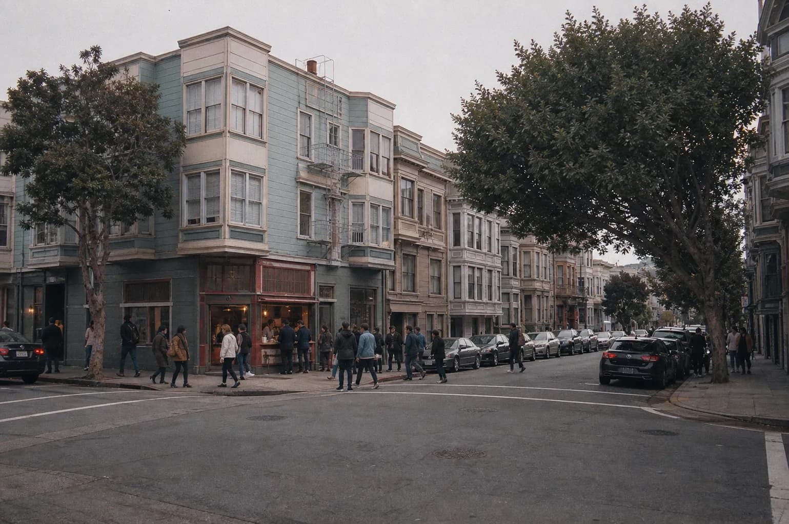 A busy low-rise San Francisco commercial street in late afternoon with painted Victorian shopfronts, people walking past an open takeaway counter and cars parked along the kerb