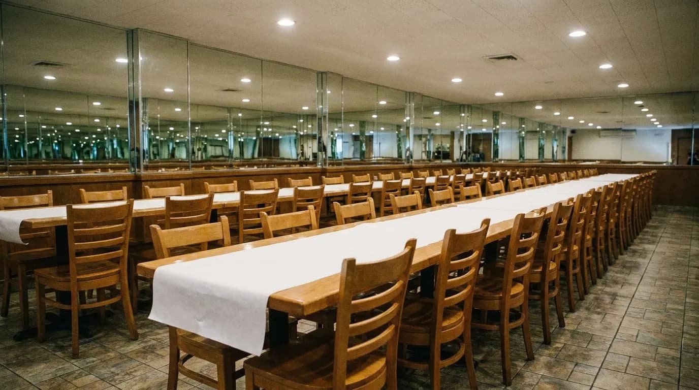 A large restaurant dining room with long tables pushed together, chairs set for a party and mirrored walls reflecting the ceiling lights