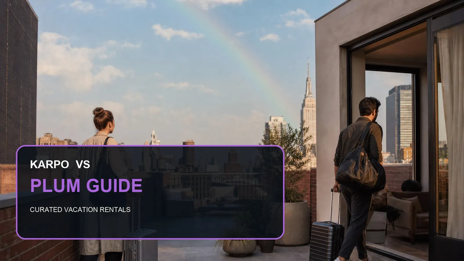 Karpo versus Plum Guide in a photorealistic editorial city comparison.