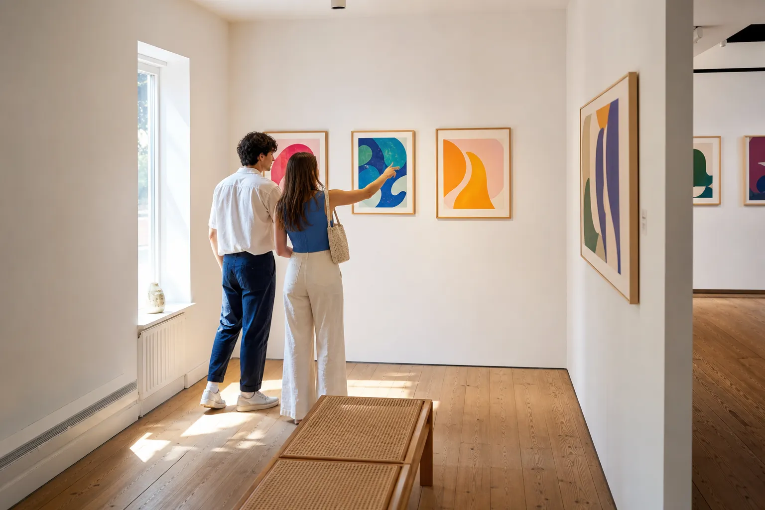 A bright compact NYC gallery room with colorful framed art and visitors