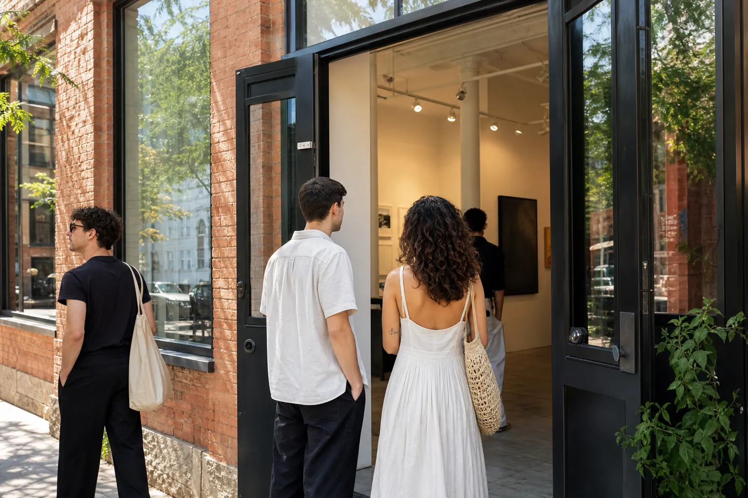 A bright Lower East Side storefront museum doorway with summer light
