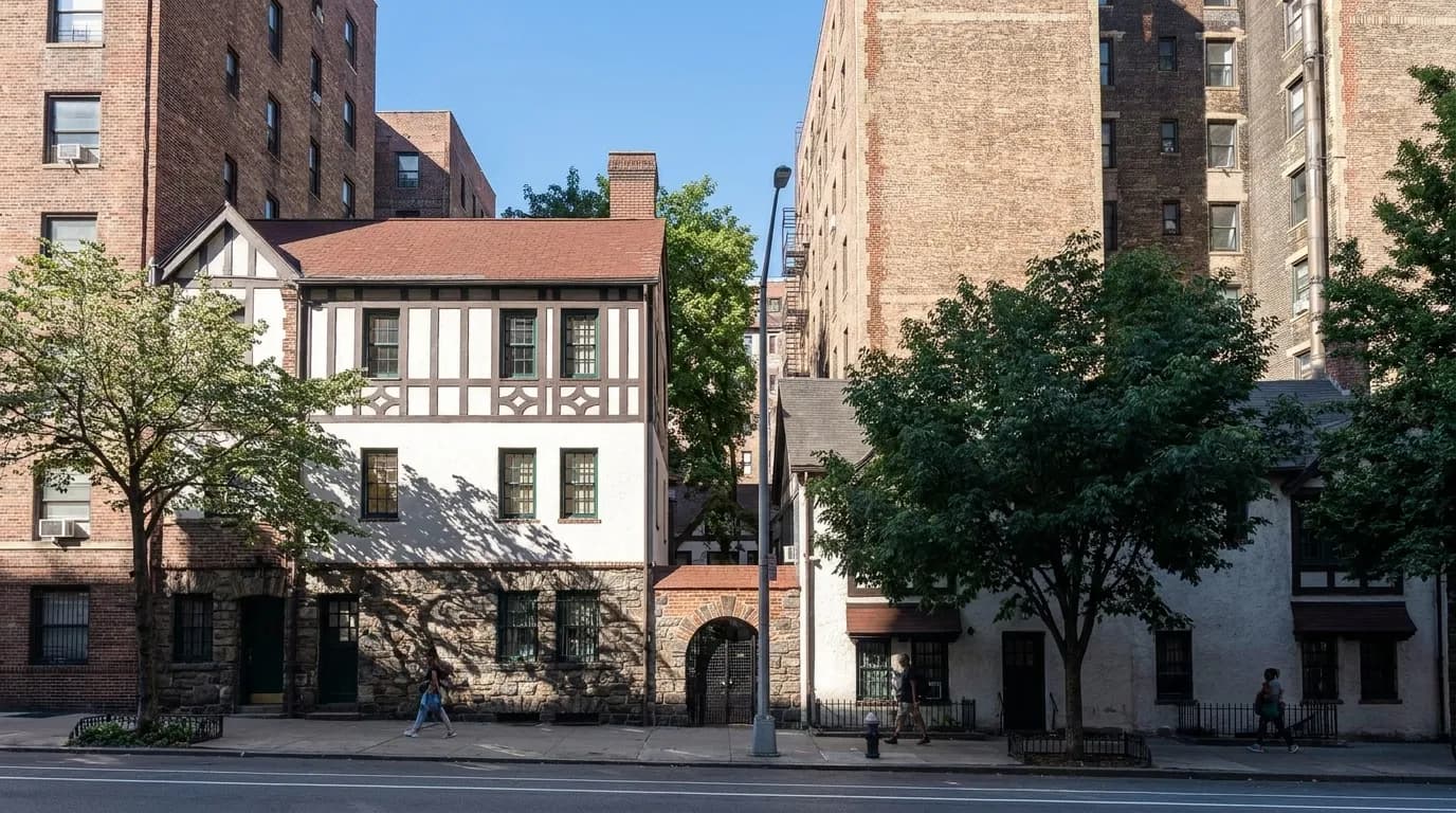 Pomander Walk gate and Tudor Revival houses beneath taller Upper West Side apartment buildings