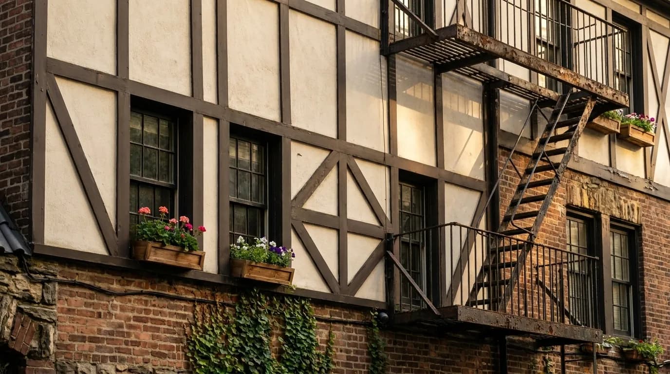 Close view of Pomander Walk half-timbering, multipane windows, brickwork and an exterior metal stair