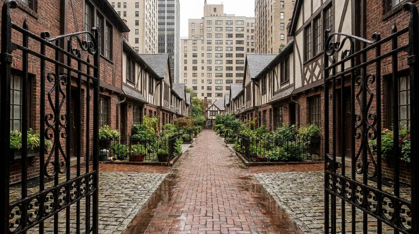 Rain-darkened brick lane and Tudor Revival houses at Pomander Walk, framed by taller Manhattan buildings