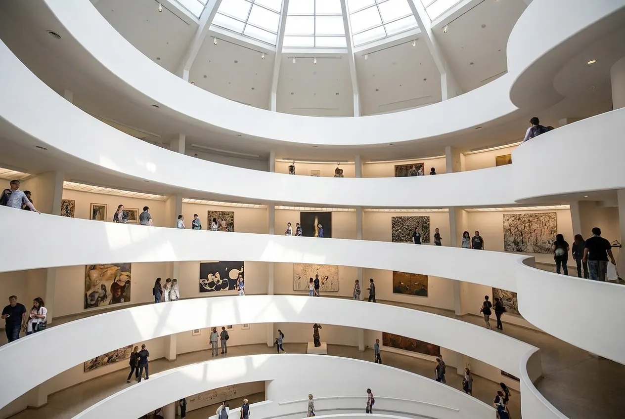 The white spiral rotunda interior of a famous museum with visitors walking the curving ramps under a domed skylight