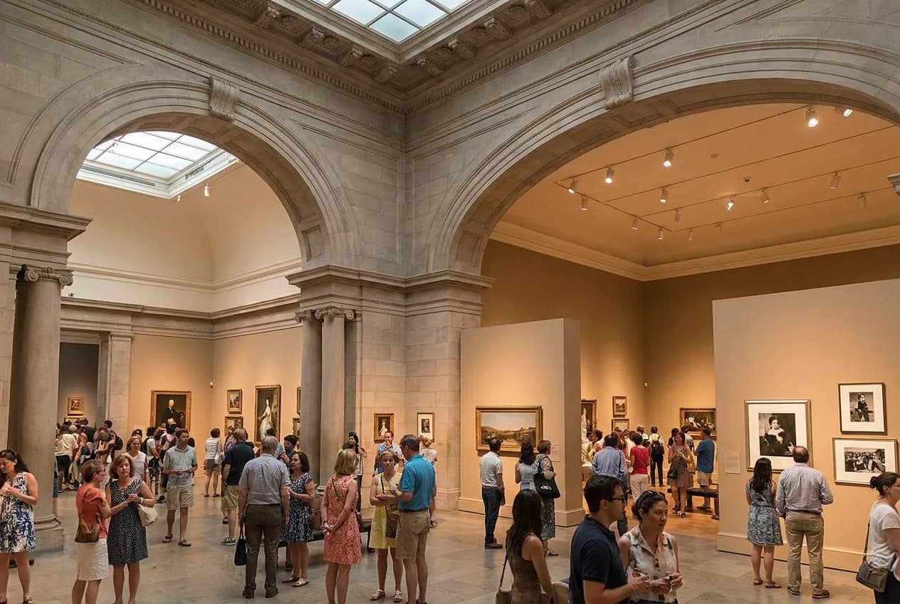 A busy grand museum gallery with high ceilings and stone arches, visitors viewing framed works during a special summer exhibition