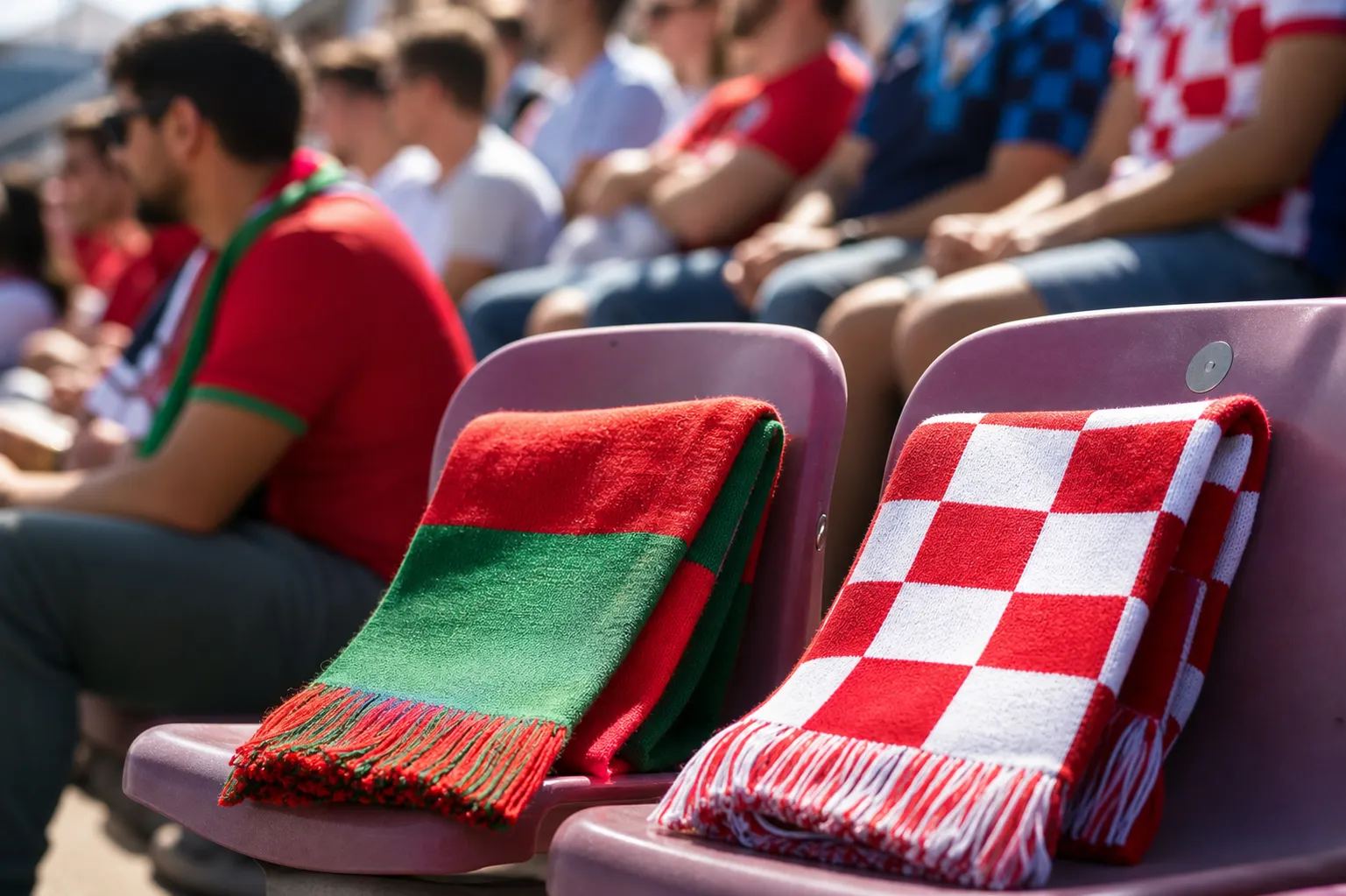 Bright realistic Portugal and Croatia scarves on stadium seats