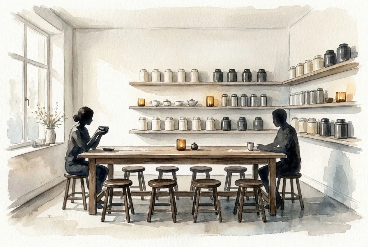 AI-generated watercolor: intimate Mayfair tea shop interior, single large communal wooden table with stools, tea canisters on minimalist shelves, soft window light, two silhouetted figures at either end of the table