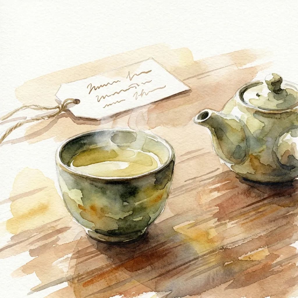 AI-generated watercolor: close-up still life of a Japanese yunomi ceramic tea bowl filled with pale golden-green tea, steam wisping upward, a small teapot to the right, a suggestive label card behind the cup, warm wood grain surface