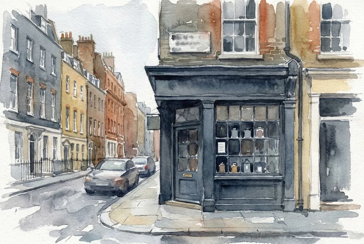 AI-generated watercolor: exterior of a small dark-painted London shopfront on a narrow Mayfair lane, Georgian brick buildings flanking both sides, quiet street with diffuse overcast light, small-paned window hinting at tea canisters within, the lane receding gently to the left