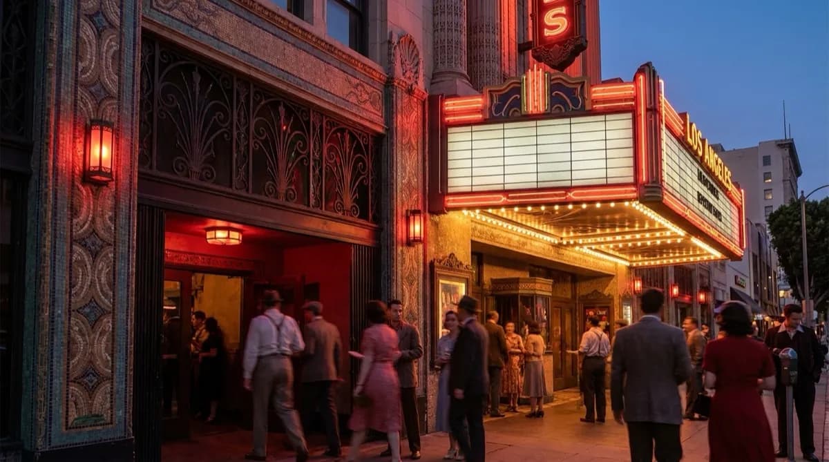 Theater marquee lights and downtown Los Angeles street scene at dusk