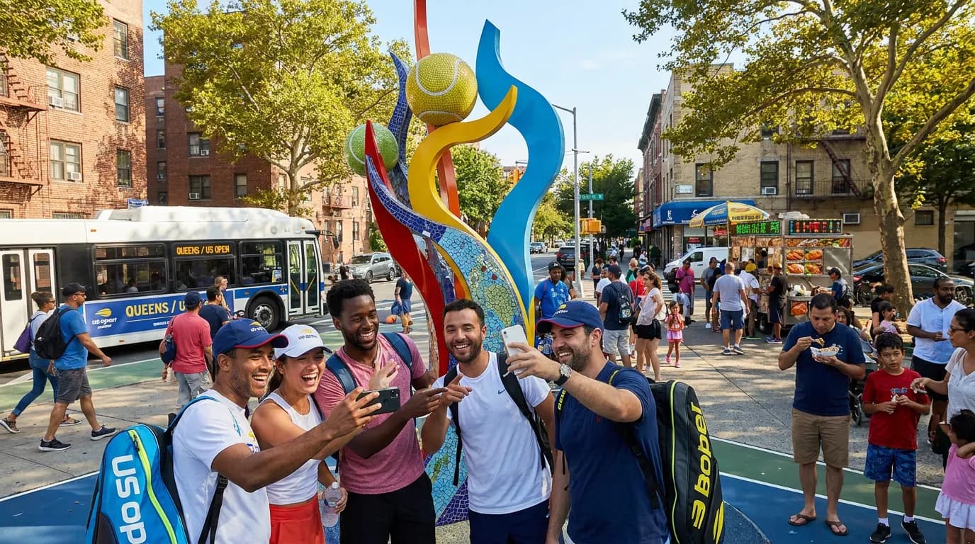 Bright US Open tennis atmosphere illustrating Public Art Near the US Open Worth Seeing.