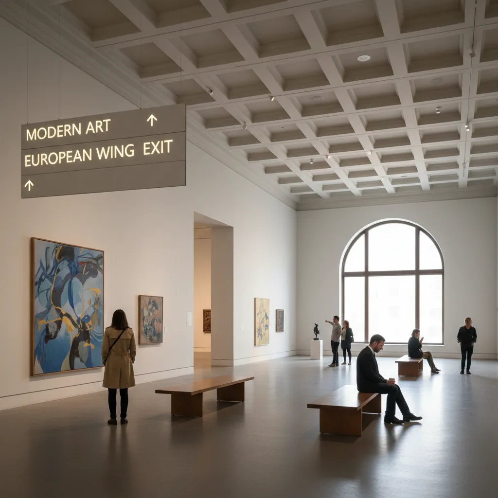 A quiet NYC museum gallery with benches and soft morning light.
