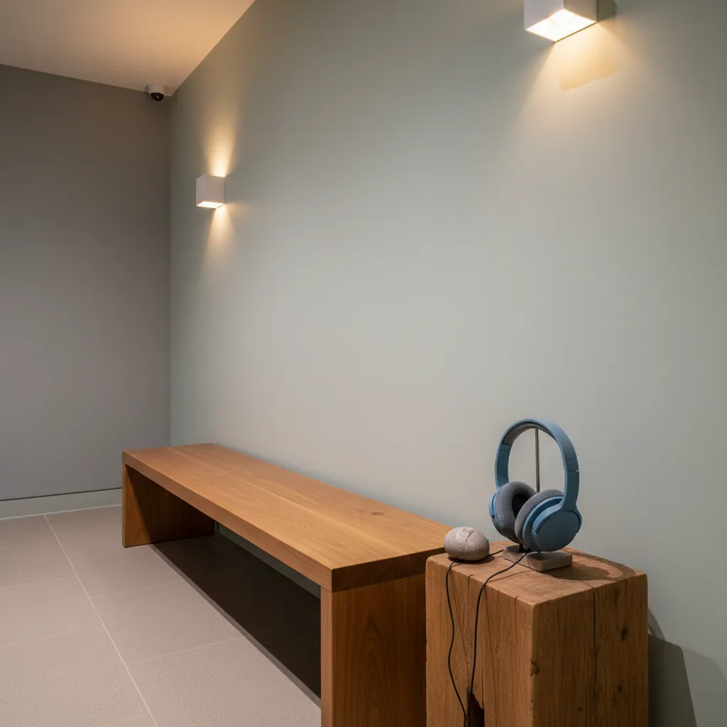 A low-sensory museum quiet room with a bench and headphones.