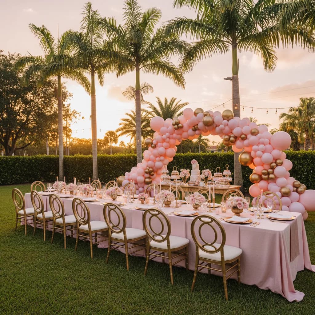 Backyard quinceañera table in Miami with blush and gold decor and a balloon arch at golden hour
