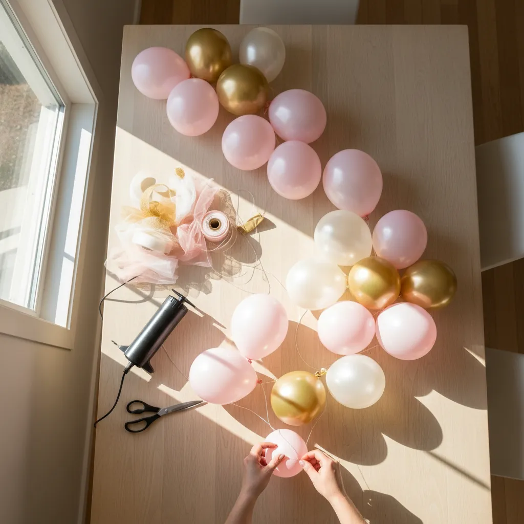 DIY balloon garland supplies in pink, ivory and gold spread across a table mid-assembly