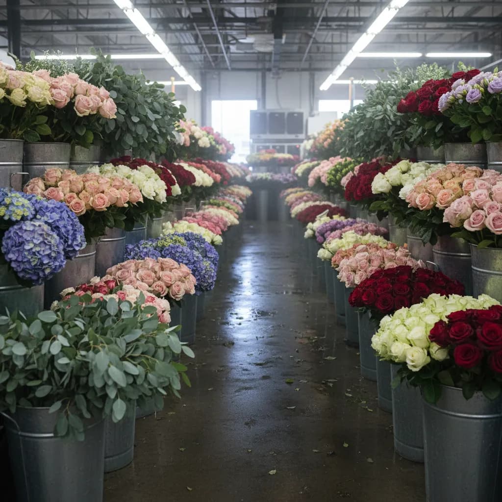 Buckets of fresh roses and greenery inside a wholesale flower cooler