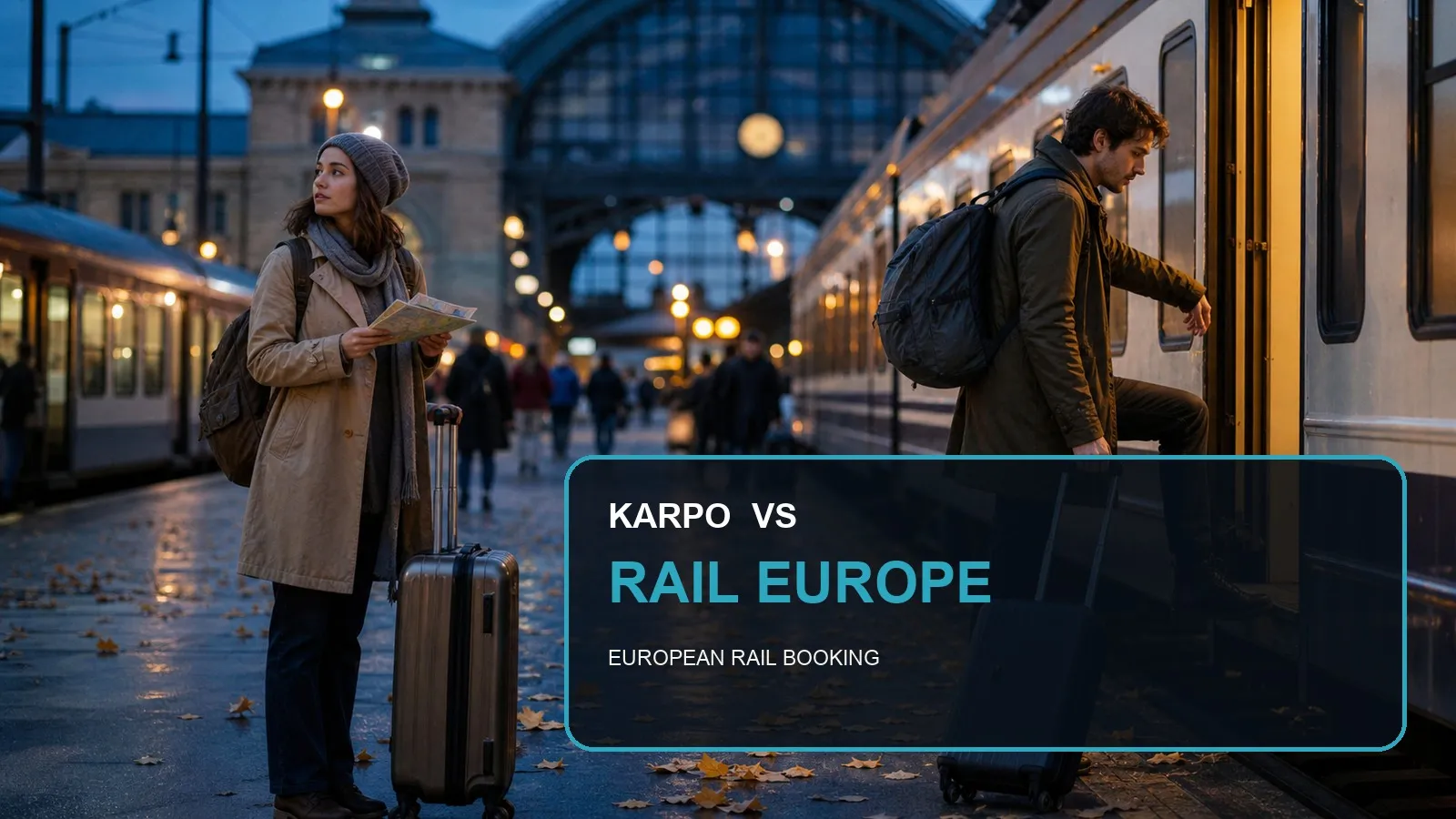 Karpo versus Rail Europe in a photorealistic editorial city comparison.