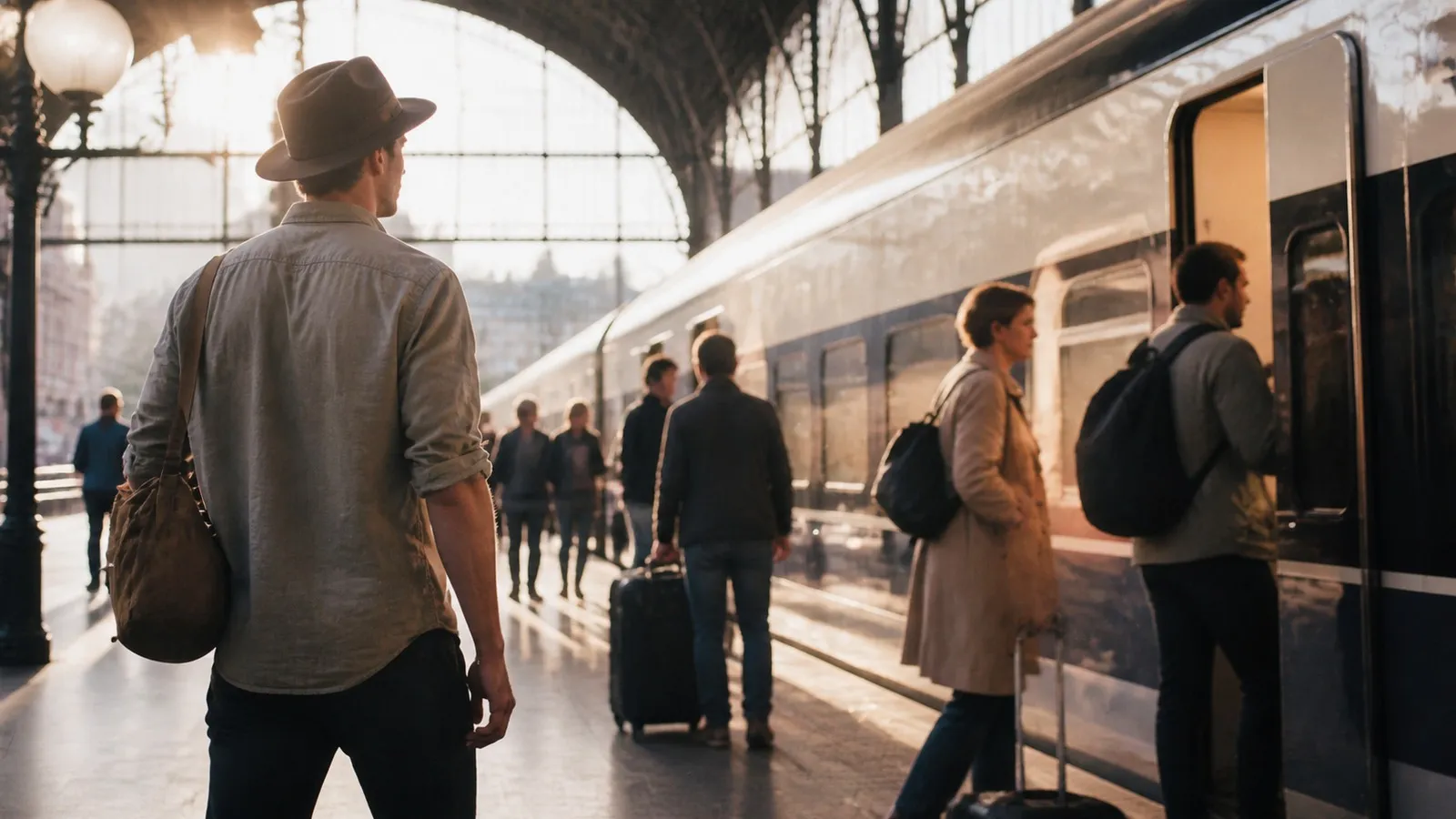 Photorealistic editorial comparison of Karpo and Rail Europe in a real city decision.
