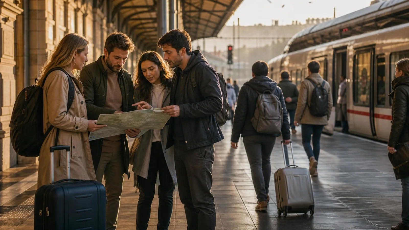 Photorealistic real-world decision scene showing when to choose Karpo or Rail Europe.