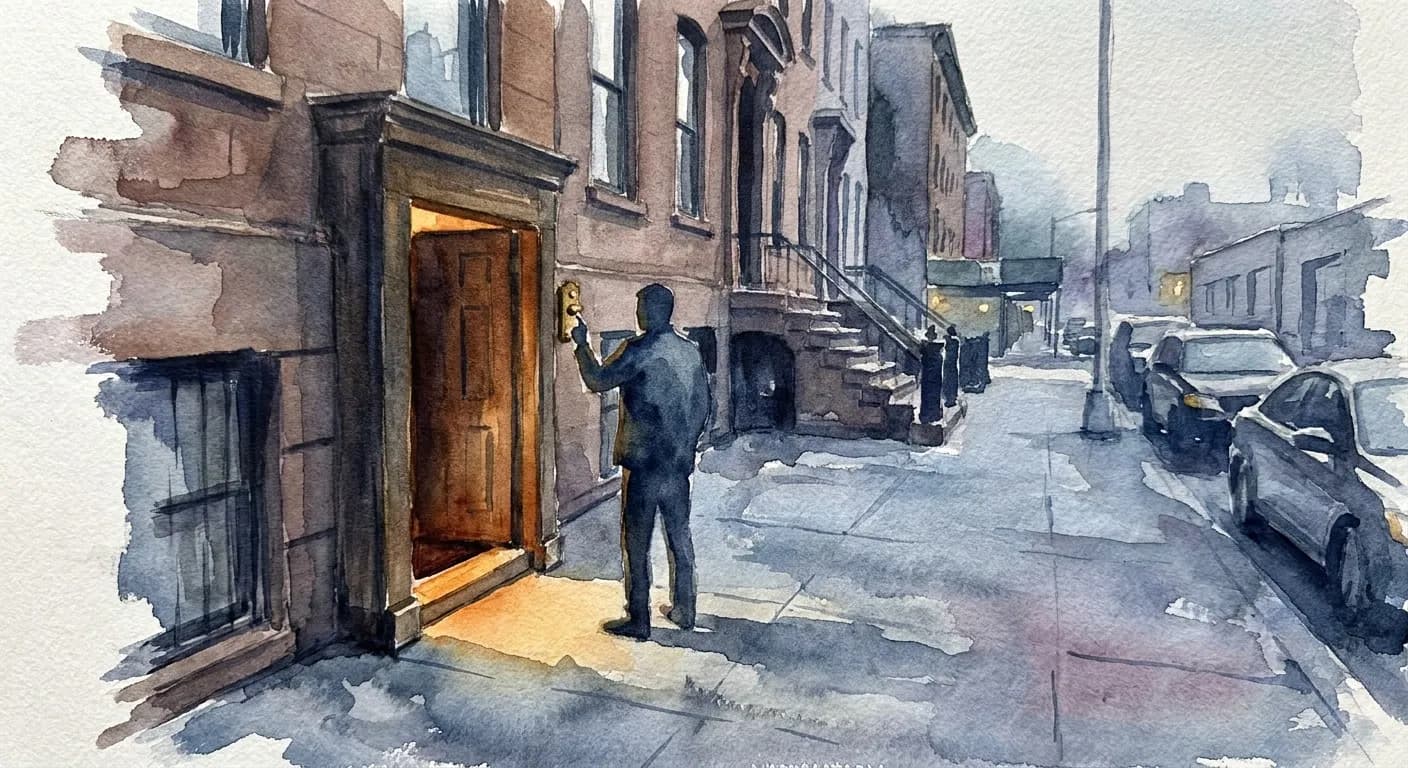 AI-generated watercolor: a silhouetted figure at a Chelsea brownstone doorway at dusk, hand raised toward a brass doorbell, warm amber light contrasting with cool blue-grey street