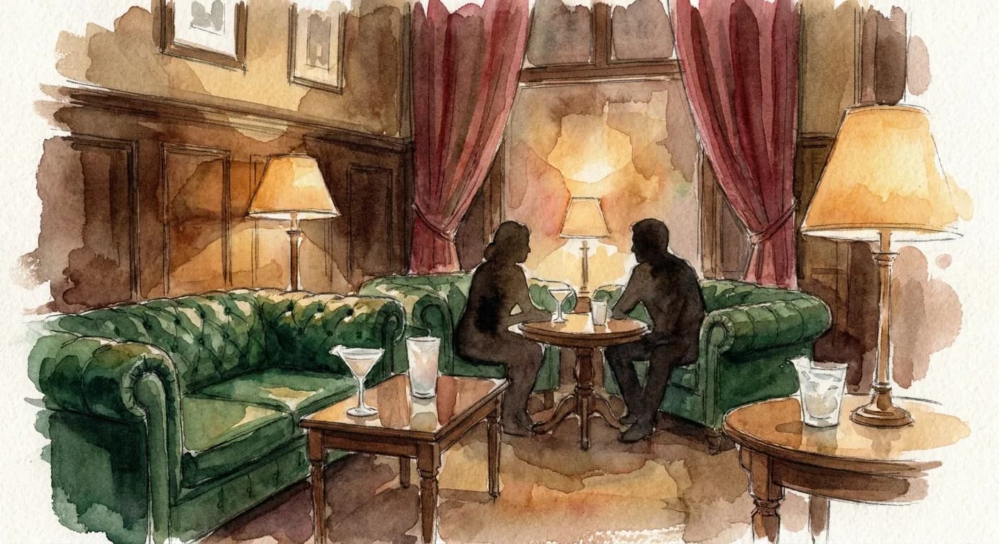 AI-generated watercolor: two silhouetted figures seated opposite each other in a velvet-upholstered Victorian cocktail parlor, amber lamp glow warming jewel-toned sofas and dark wood paneling, cocktail glasses on low side tables