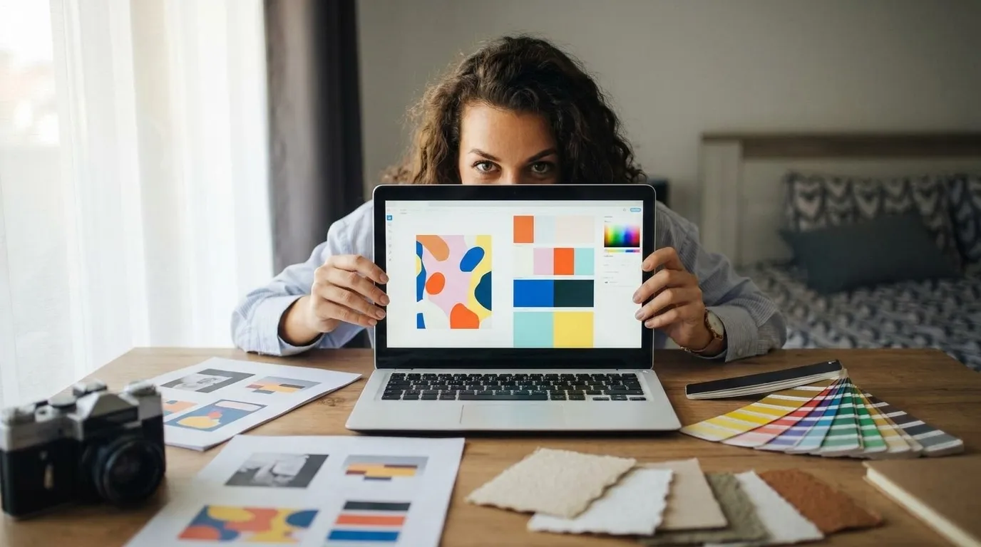 A realistic creative workstation with color swatches, a laptop design canvas, camera, and printed mockups