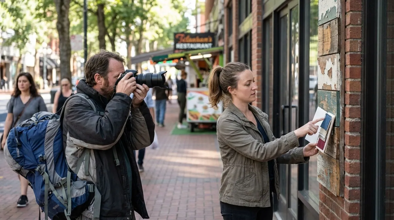A photographer and designer conducting visual research on a textured city street in natural light