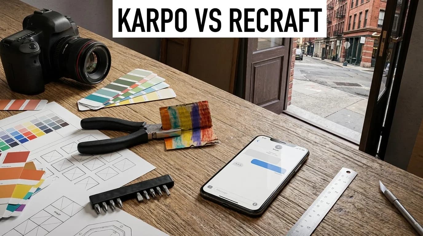 A tactile design studio opening into a city photo-research scene with one Karpo phone in a photorealistic comparison
