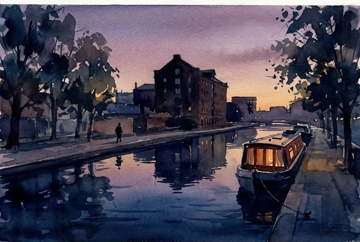AI-generated watercolor: Regent's Canal towpath at blue hour near King's Cross London, Victorian grain warehouse reflected in still indigo water, silhouetted figure walking east, narrowboat with amber porthole glow moored on right