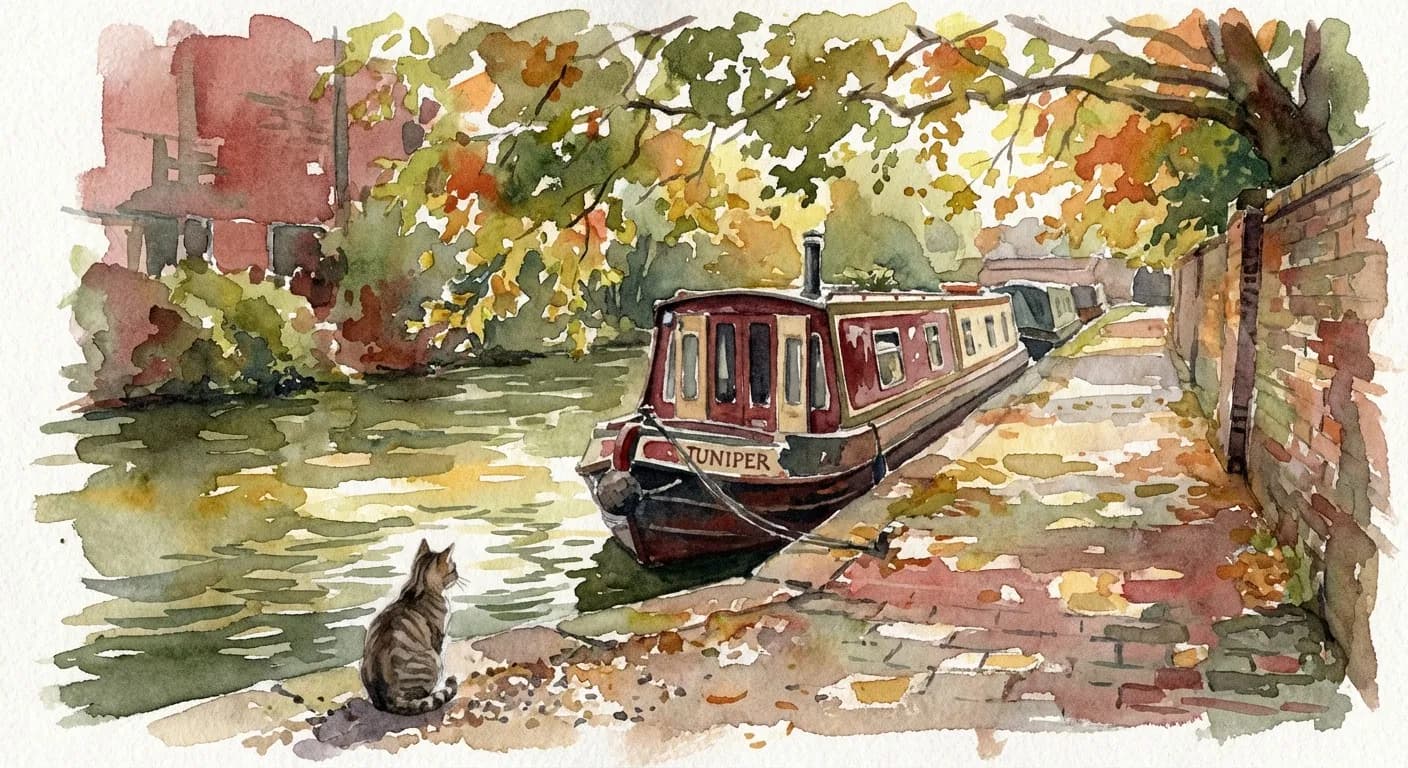 AI-generated watercolor: a dark-red and cream narrowboat moored along the Regent's Canal towpath in east London, London plane trees dappling afternoon light onto the water, a tabby cat sitting on the towpath edge, no people
