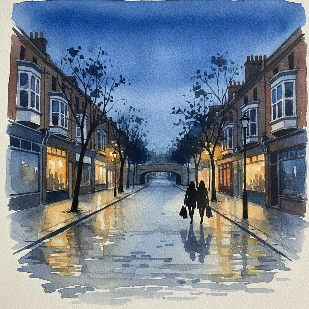 AI-generated watercolor: Broadway Market Hackney at early evening dusk, Victorian shopfronts with warm amber windows, damp cobblestones reflecting blue-hour light, three silhouetted figures walking north, plane trees lining the street