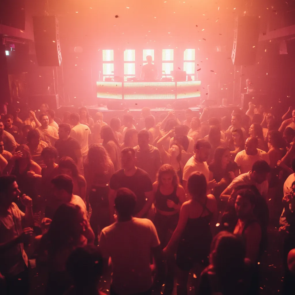 Crowded dance floor at a Miami Latin nightclub with warm neon light and a DJ booth in the background