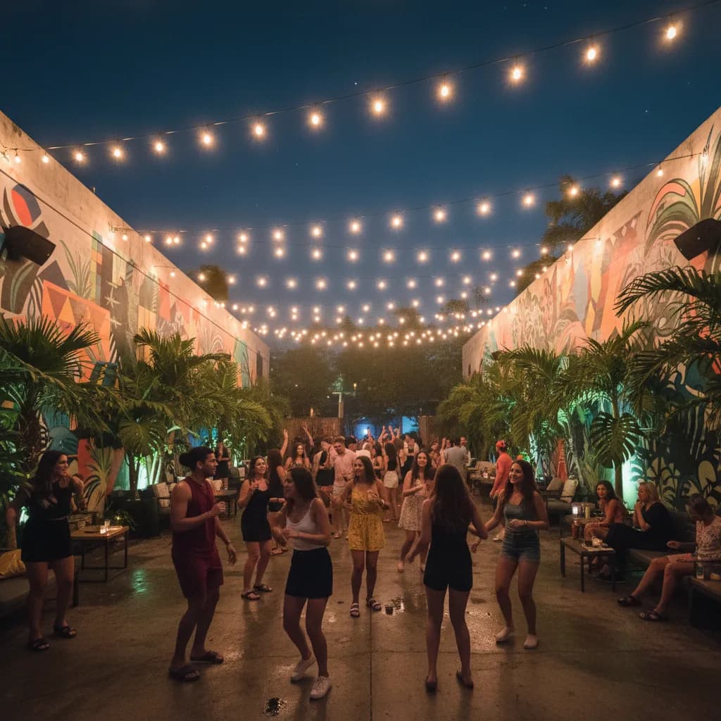 Open-air courtyard club in Wynwood at night with string lights, dancing crowd, and tropical plants