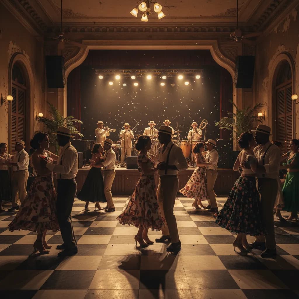 Couples dancing salsa to a live band in a vintage Little Havana music hall with warm stage lighting