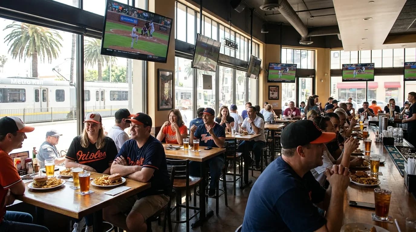 Sports bar interior with multiple screens showing baseball game and patrons watching