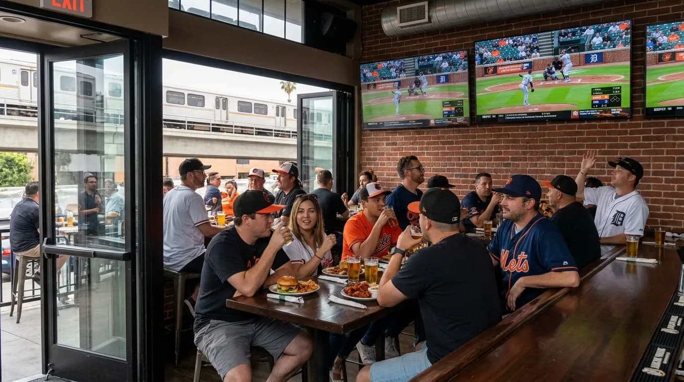 Outdoor patio seating at Los Angeles brewery with string lights and communal tables