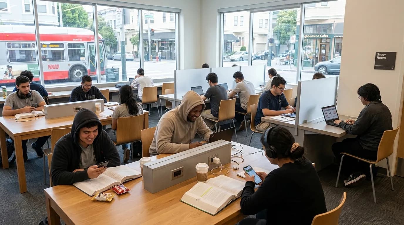 Quiet study room at San Francisco Public Library branch with students working at desks near charging stations