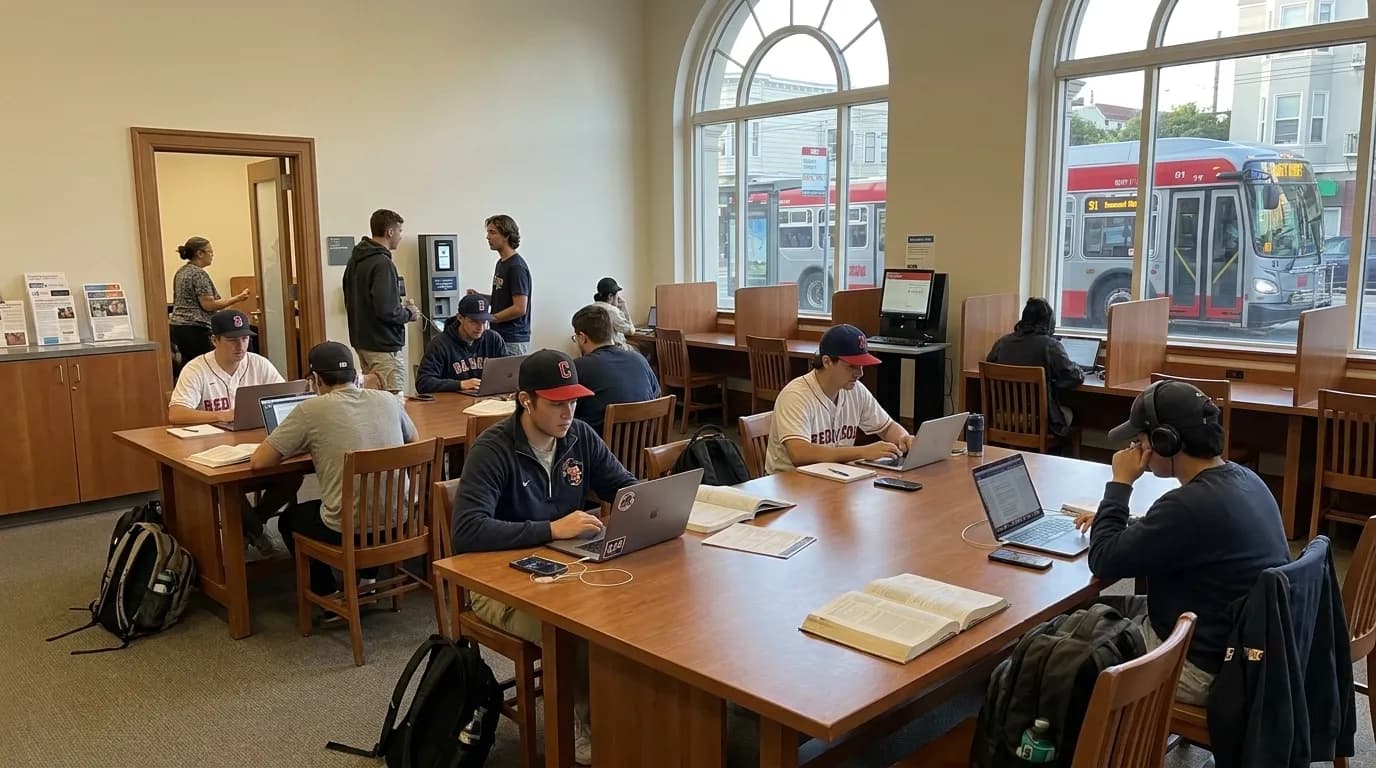 Student using laptop with headphones at San Francisco library desk near window with natural light