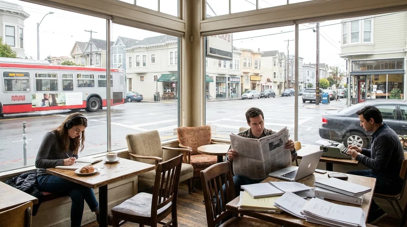 Cozy independent coffee shop interior with natural light and seating for creative work in San Francisco