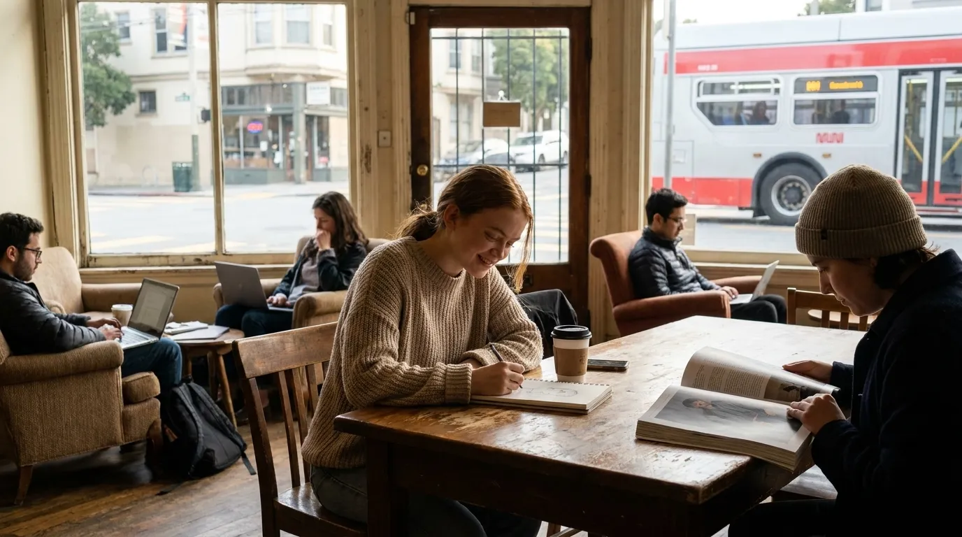 Quiet corner table in San Francisco café with pastry display and coffee bar in background