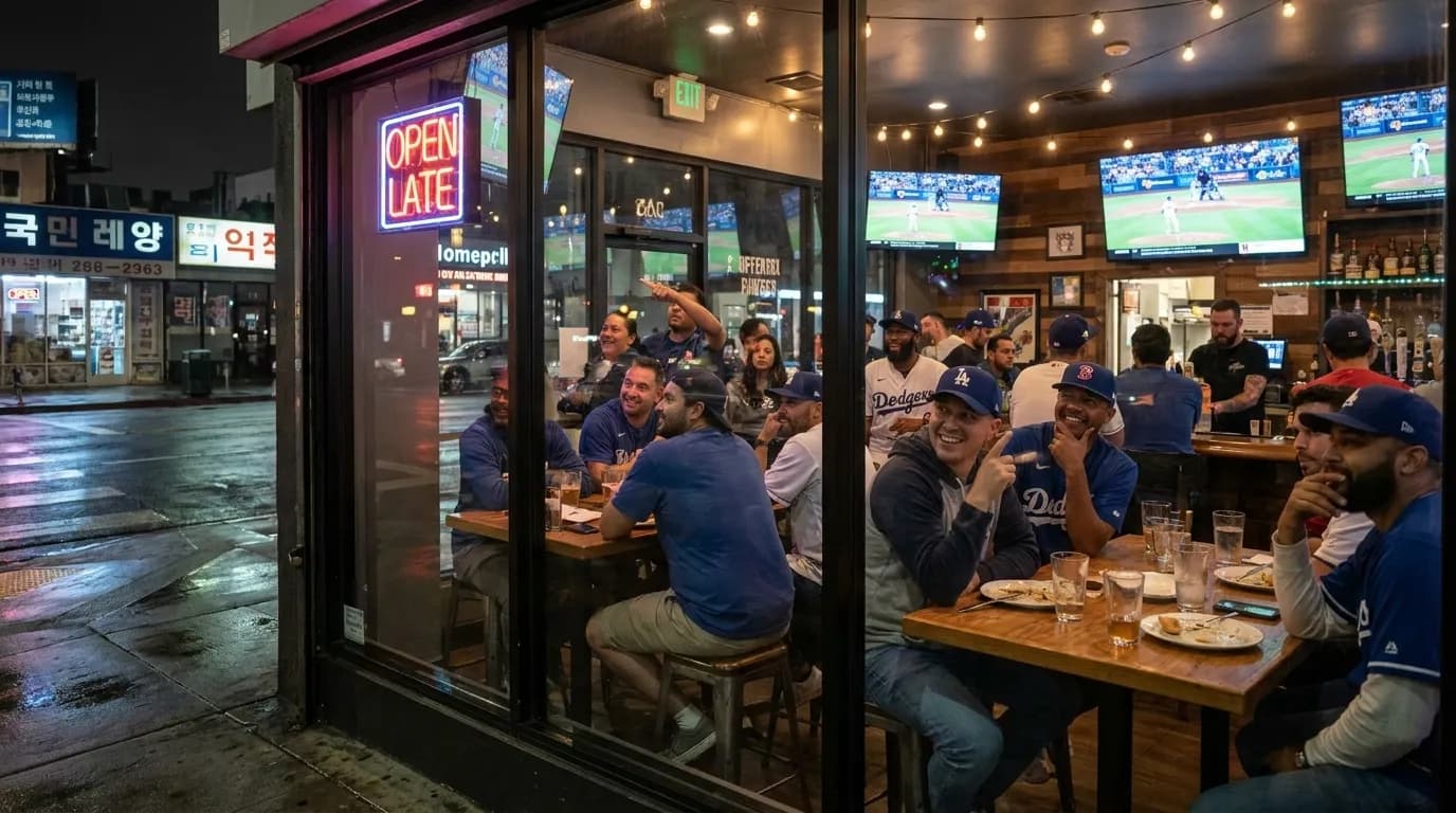 Baseball fans watching a late-night game on multiple screens in a Los Angeles sports bar
