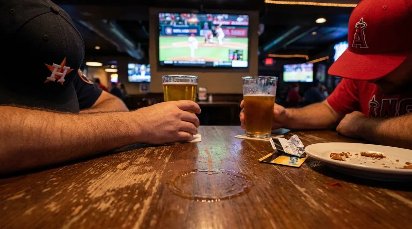 Multiple television screens showing baseball games in a dimly lit Los Angeles sports bar