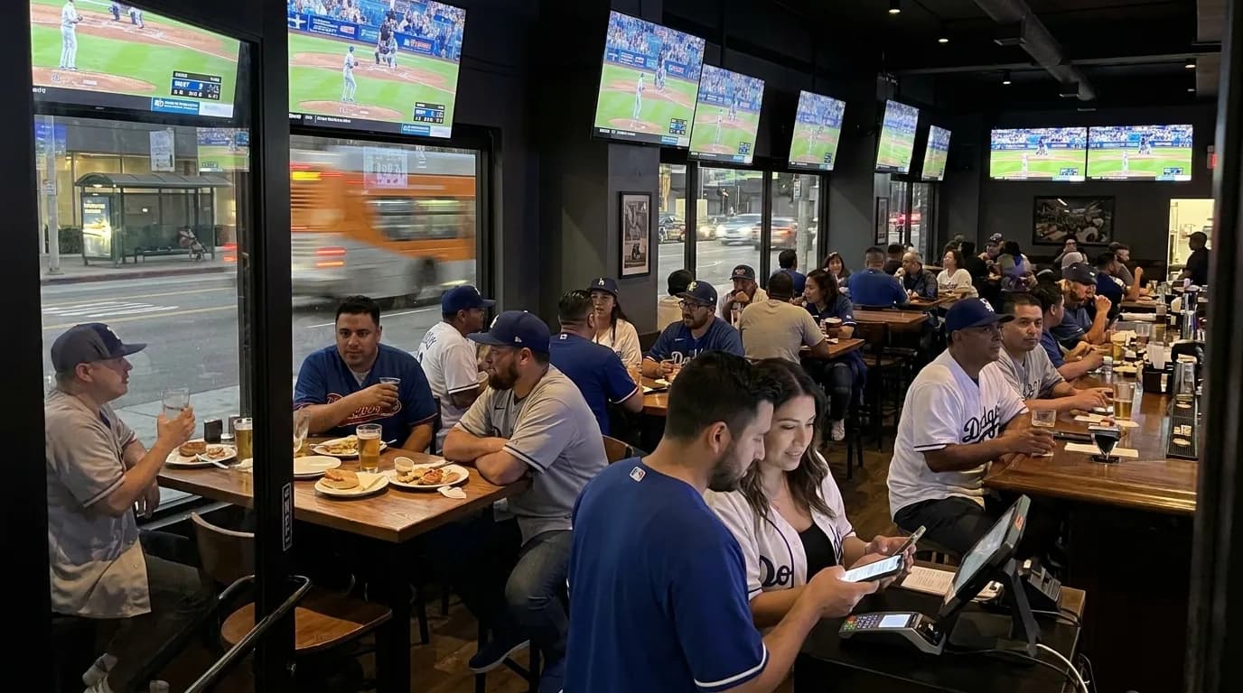 Group of baseball fans cheering at a table in a Los Angeles sports bar with drinks and appetizers
