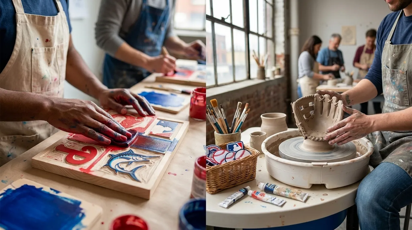 Screen printing setup with baseball-themed designs and ink rollers at a San Francisco art studio