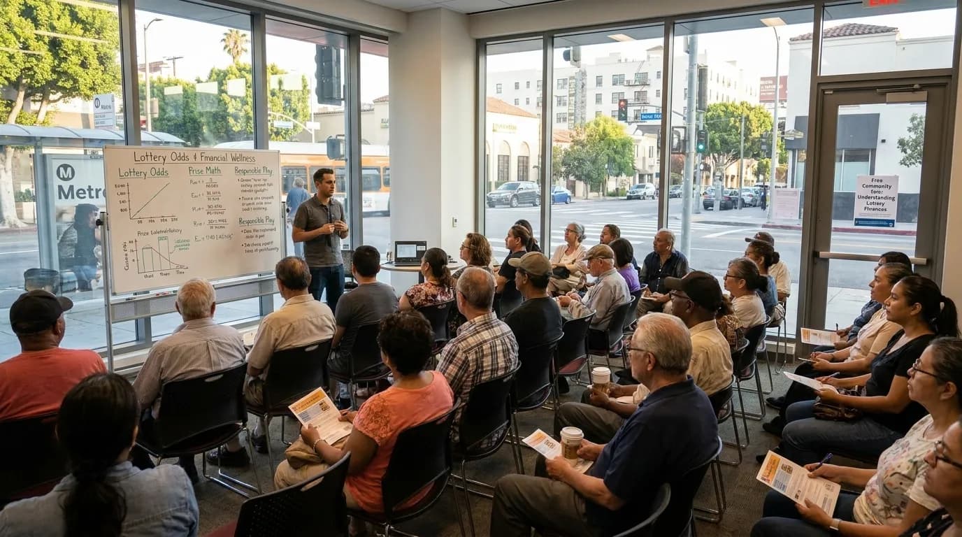 Community members attending a financial literacy workshop at a Los Angeles public library