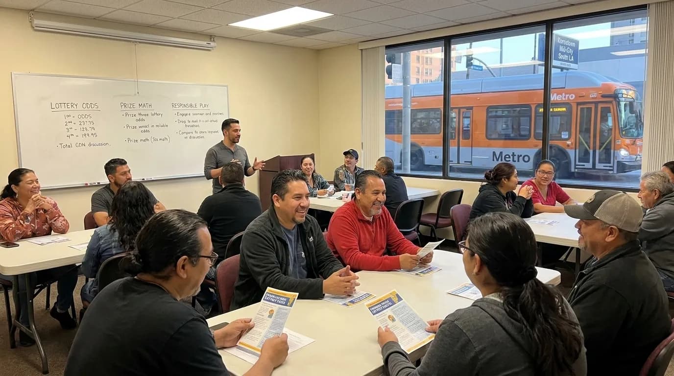 Attendees reviewing printed financial literacy materials at a Los Angeles community center event