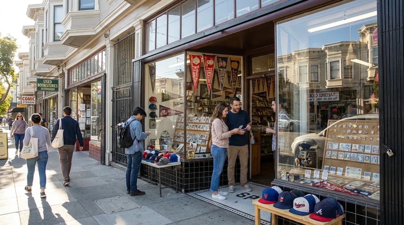 Vintage baseball cards and team pins displayed in San Francisco memorabilia shop window