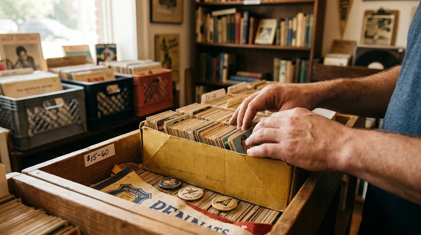 Collector examining vintage National League baseball cards in San Francisco shop display case